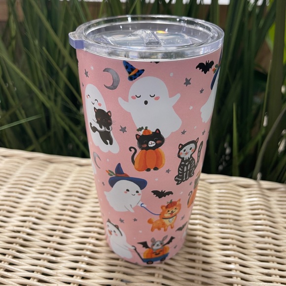 Pink Halloween Cats Dogs & Ghosts Insulated Stainless Tumbler Clementine NEW - Picture 2 of 4